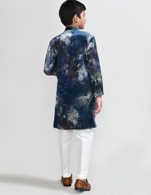 Kids boy teal blue velvet straight kurta pant set 2