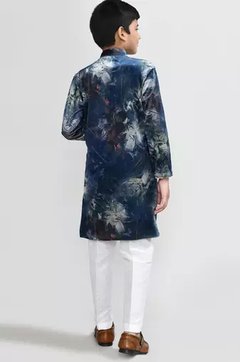 Kids boy teal blue velvet straight kurta pant set