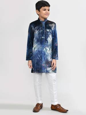 Kids boy teal blue velvet straight kurta pant set 3