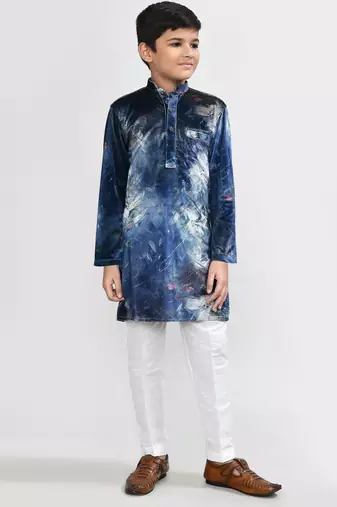 Kids boy teal blue velvet straight kurta pant set
