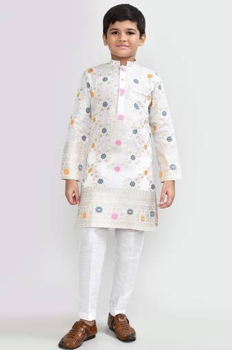 Kids boy off white silk straight kurta pant set