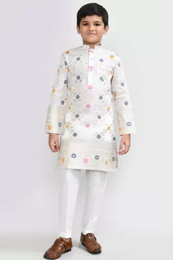 Kids boy off white silk straight kurta pant set