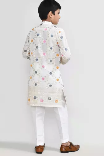 Kids boy off white silk blend straight kurta pant set