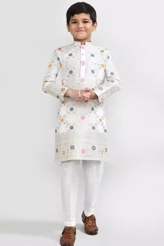 Kids boy off white silk blend straight kurta pant set