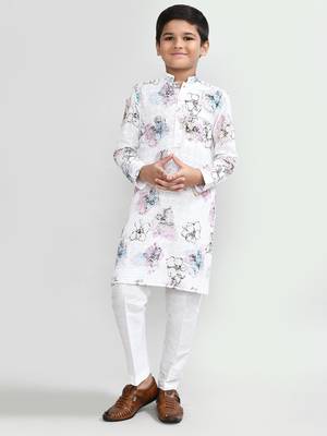 Kids boy white cotton straight kurta pant set 3