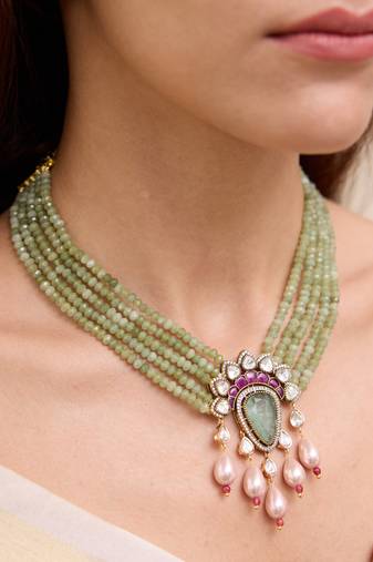 Gold plated green kundan necklace set