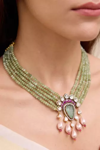 Gold plated green kundan necklace set