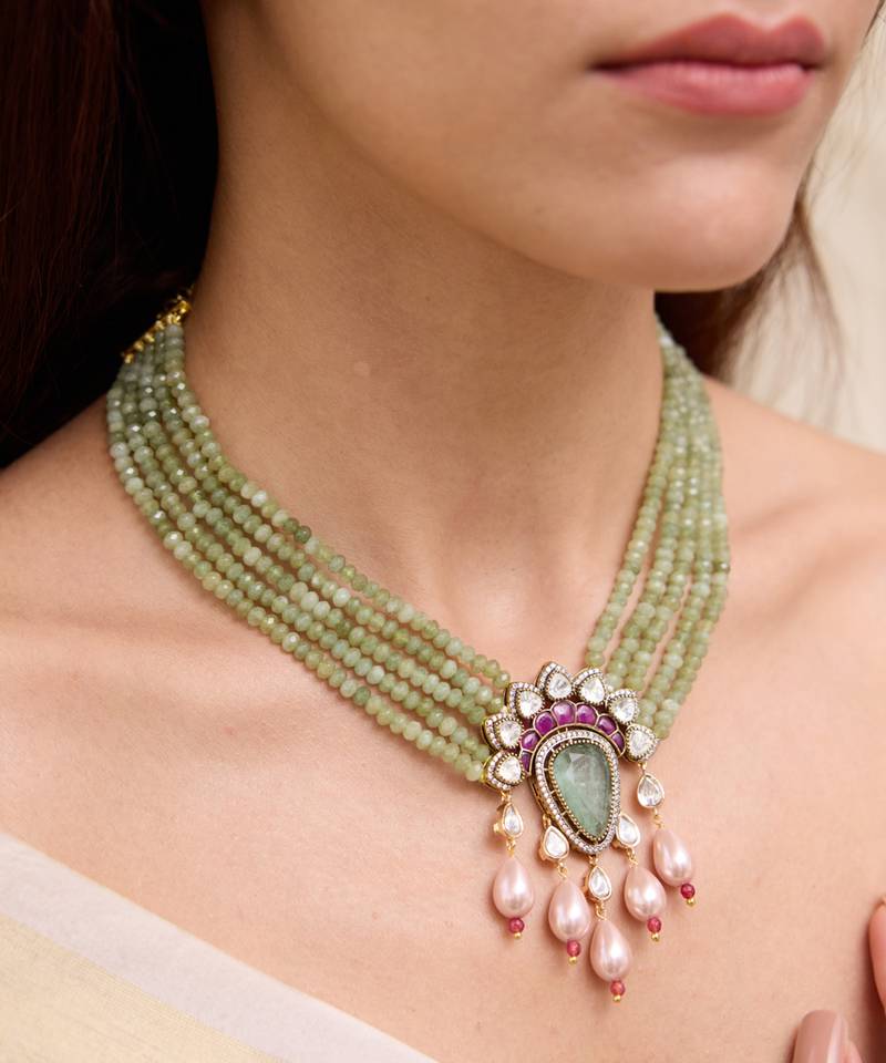Gold plated green kundan necklace set