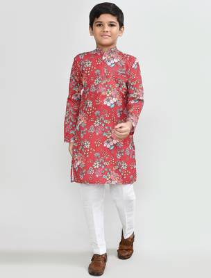 Kids boy red cotton silk blend straight kurta pant set 1
