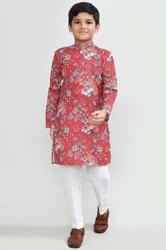 Kids boy red cotton silk  straight kurta pant set