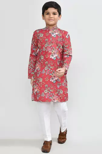 Kids boy red cotton silk  straight kurta pant set