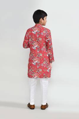 Kids boy red cotton silk blend straight kurta pant set 2