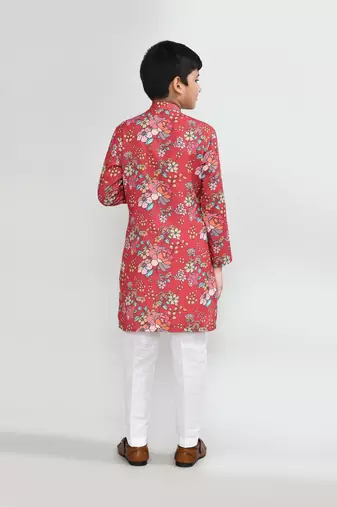 Kids boy red cotton silk blend straight kurta pant set