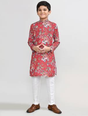 Kids boy red cotton silk blend straight kurta pant set 3