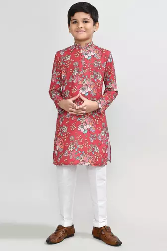 Kids boy red cotton silk blend straight kurta pant set