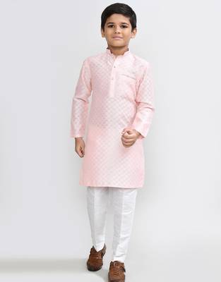 Kids boy peach cotton silk blend straight kurta pant set 1