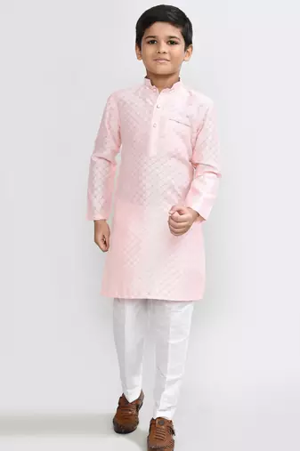 Kids boy peach cotton silk  straight kurta pant set