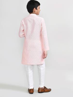 Kids boy peach cotton silk blend straight kurta pant set 2