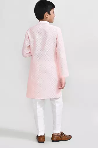 Kids boy peach cotton silk blend straight kurta pant set