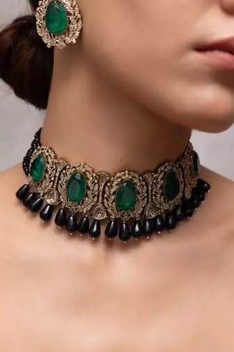 Gold plated green kundan necklace set