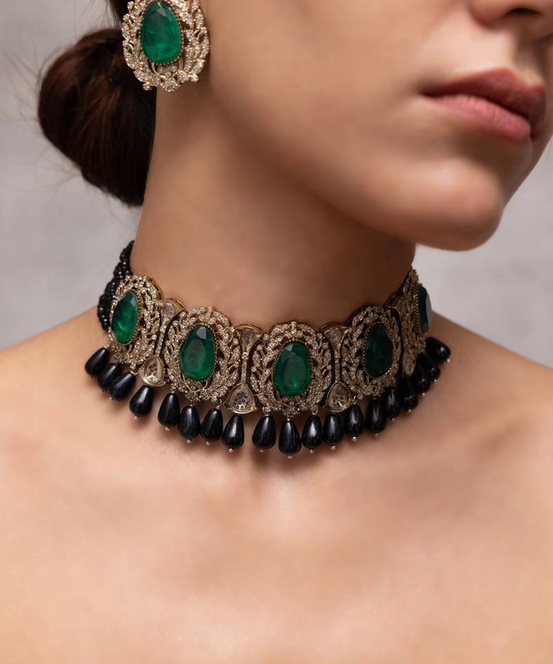 Gold plated green kundan necklace set