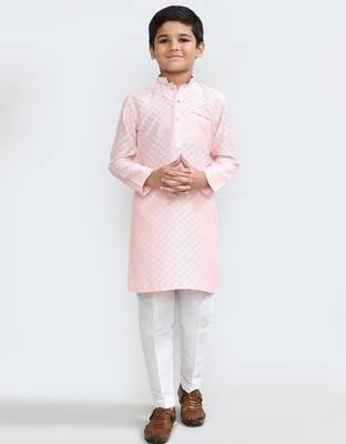 Kids boy peach cotton silk blend straight kurta pant set 3