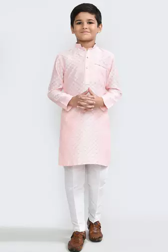 Kids boy peach cotton silk blend straight kurta pant set