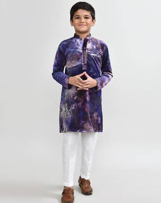 Kids boy purple velvet straight kurta pant set 1
