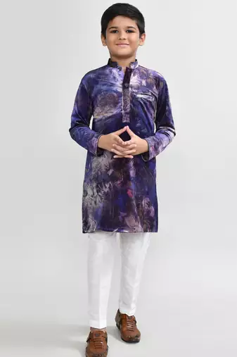 Kids boy purple velvet straight kurta pant set
