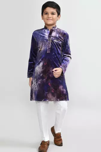 Kids boy purple velvet straight kurta pant set