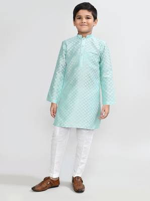 Kids boy pastel blue cotton silk blend straight kurta pant set 1