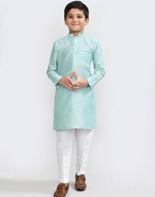 Kids boy pastel blue cotton silk blend straight kurta pant set 2