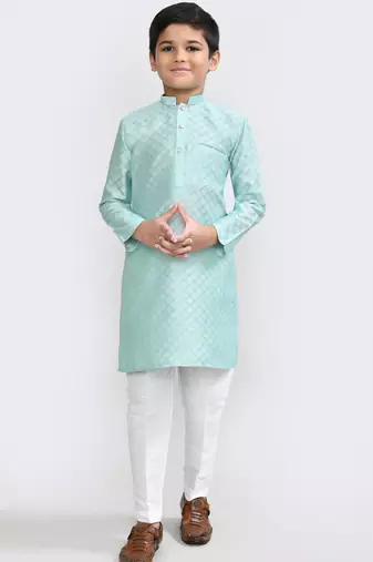 Kids boy pastel blue cotton silk blend straight kurta pant set