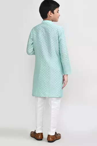 Kids boy pastel blue cotton silk blend straight kurta pant set