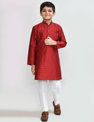 Kids boy red jacquard silk blend straight kurta pant set 1