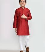 Kids boy red jacquard silk straight kurta pant set