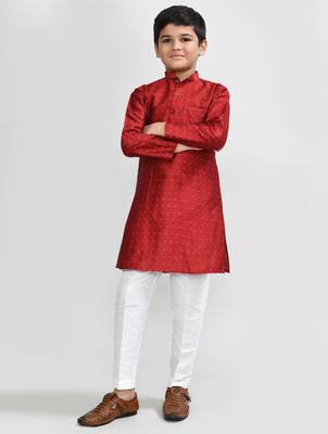 Kids boy red jacquard silk blend straight kurta pant set 2