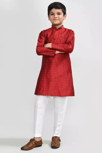 Kids boy red jacquard silk straight kurta pant set