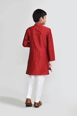 Kids boy red jacquard silk blend straight kurta pant set 3