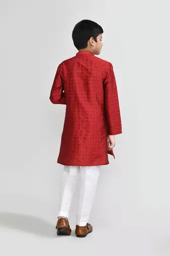 Kids boy red jacquard silk straight kurta pant set