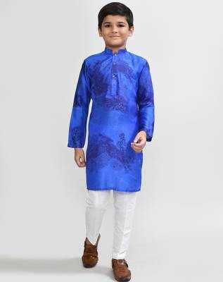 Kids boy royal blue cotton silk blend straight kurta pant set 1