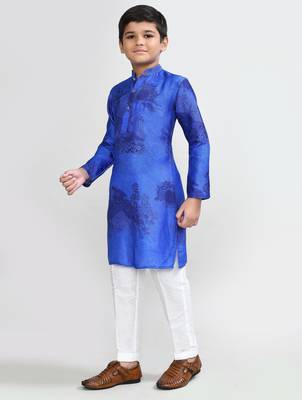 Kids boy royal blue cotton silk blend straight kurta pant set 2
