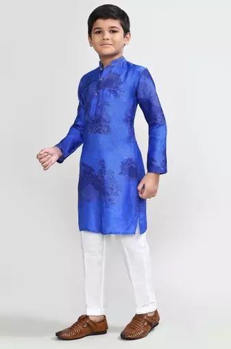 Kids boy royal blue cotton silk blend straight kurta pant set