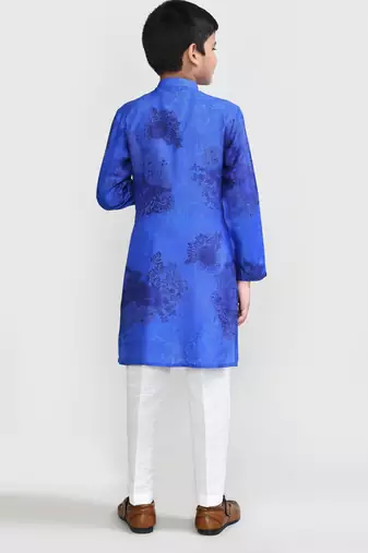 Kids boy royal blue cotton silk blend straight kurta pant set