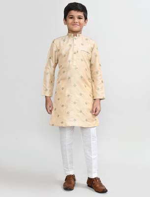 Kids boy beige satin silk blend straight kurta pant set 1