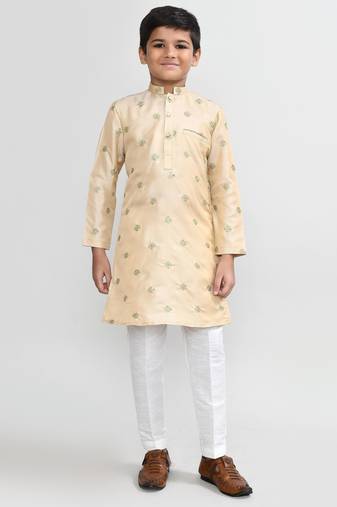 Kids boy beige satin silk  straight kurta pant set