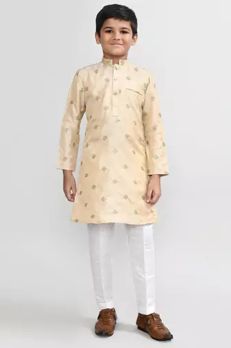 Kids boy beige satin silk  straight kurta pant set