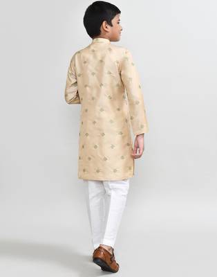 Kids boy beige satin silk blend straight kurta pant set 2