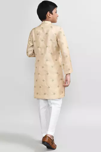 Kids boy beige satin silk blend straight kurta pant set