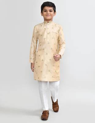 Kids boy beige satin silk blend straight kurta pant set 3